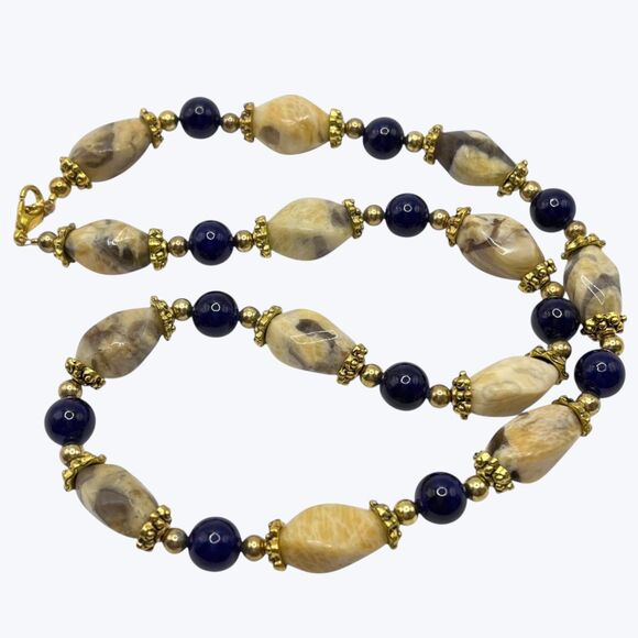 Handmade Beaded Necklace Beige Agate Stone Gold Tone Blue Beads Artisan Jewelry - Picture 7 of 8